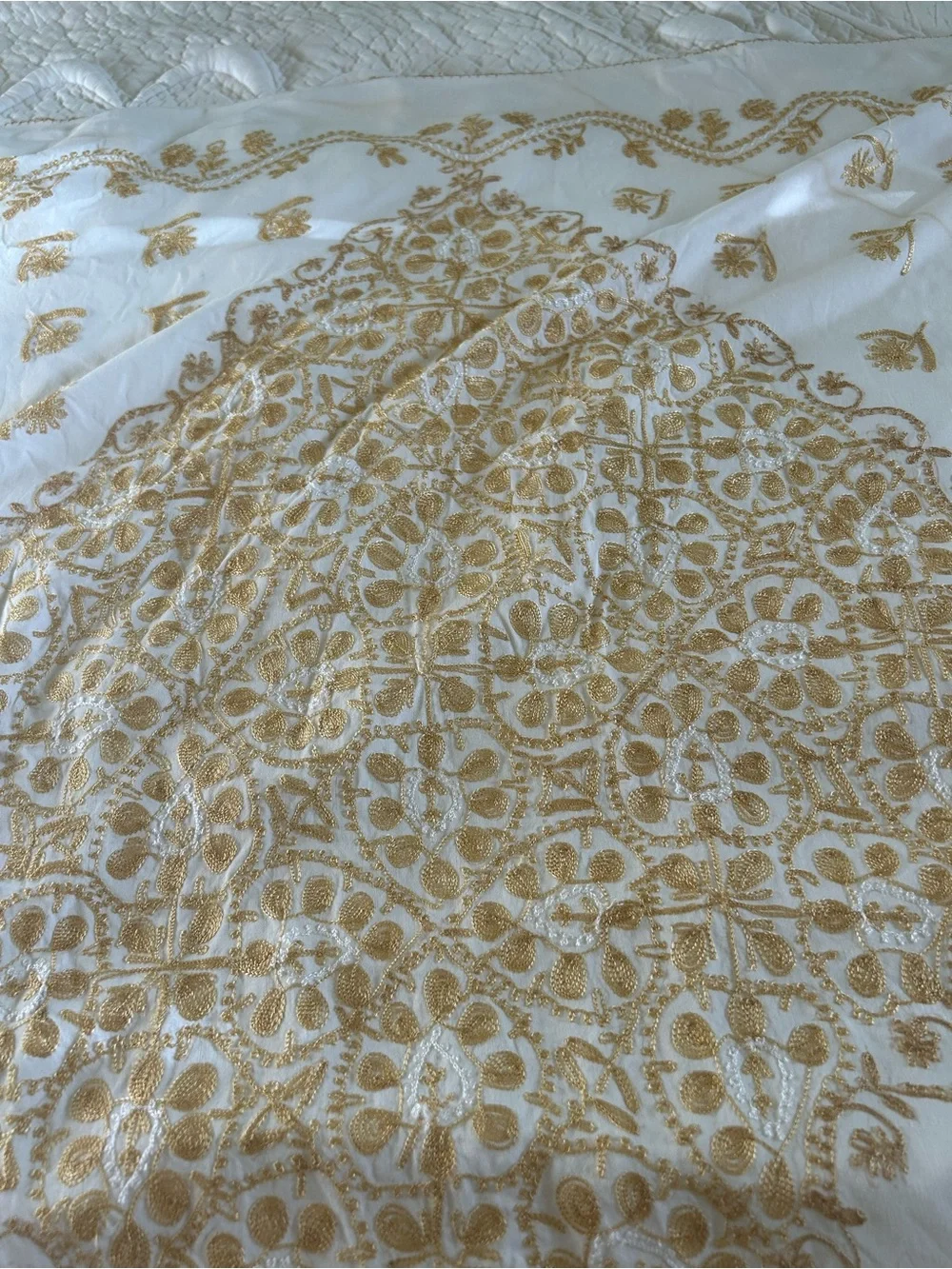 Machine -Embroidered Cream Tablecloth or Shawl with Gold Floral Motif 36 in sq